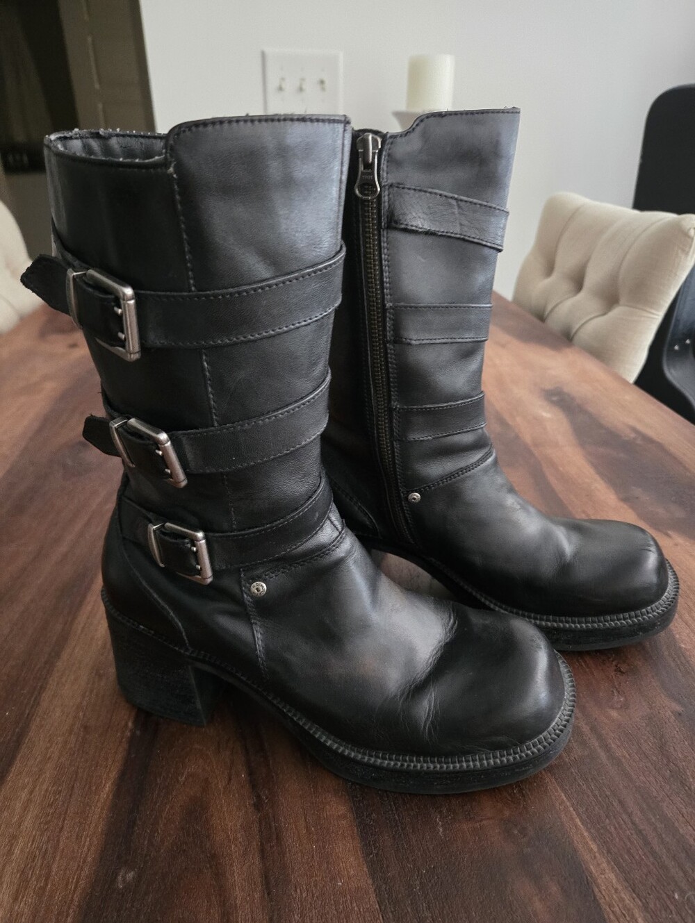 Harley Davidson Black Leather Mid-Calf Buckle Boots - Women